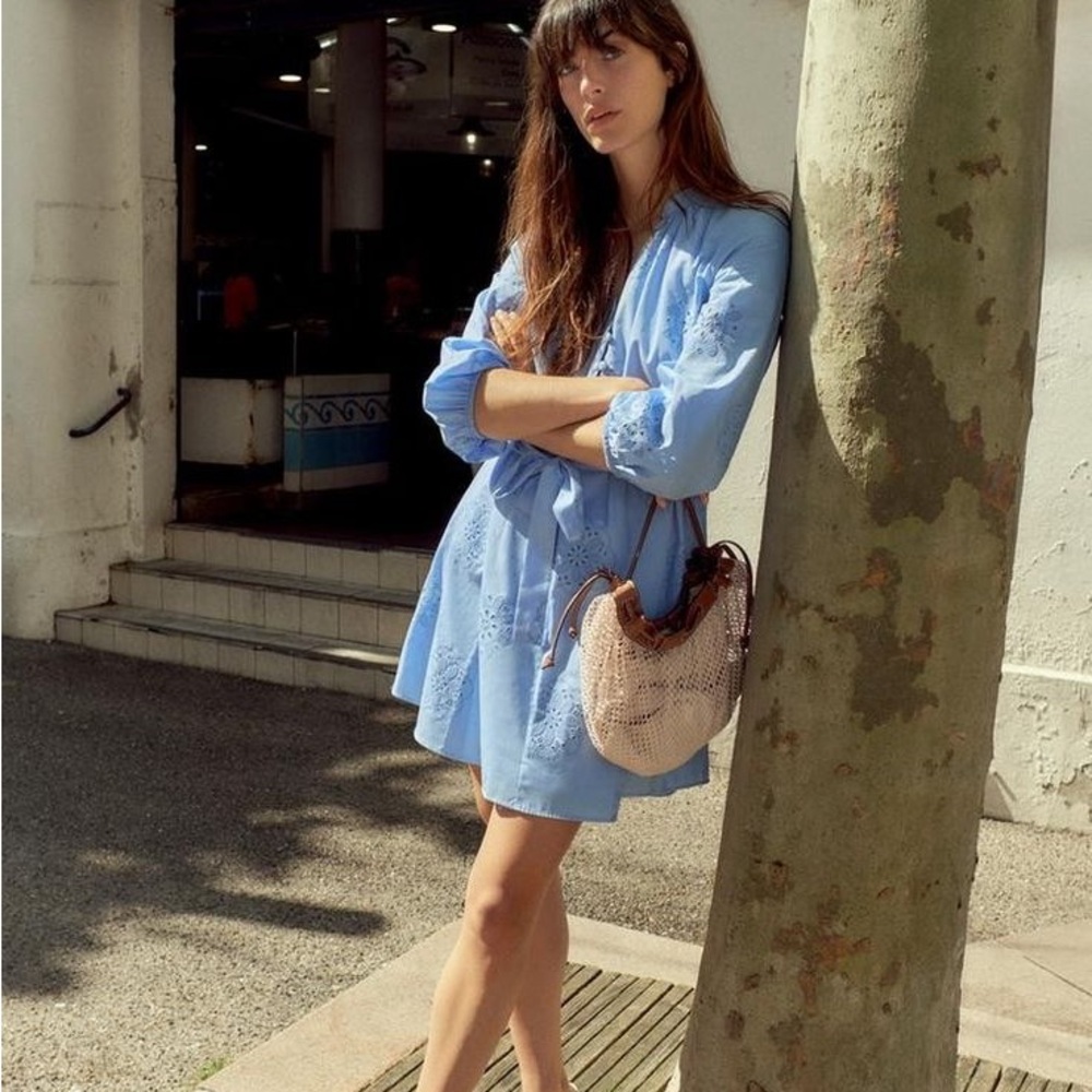Zara Light Blue Long Sleeve Dress poplin rubberized eyelet